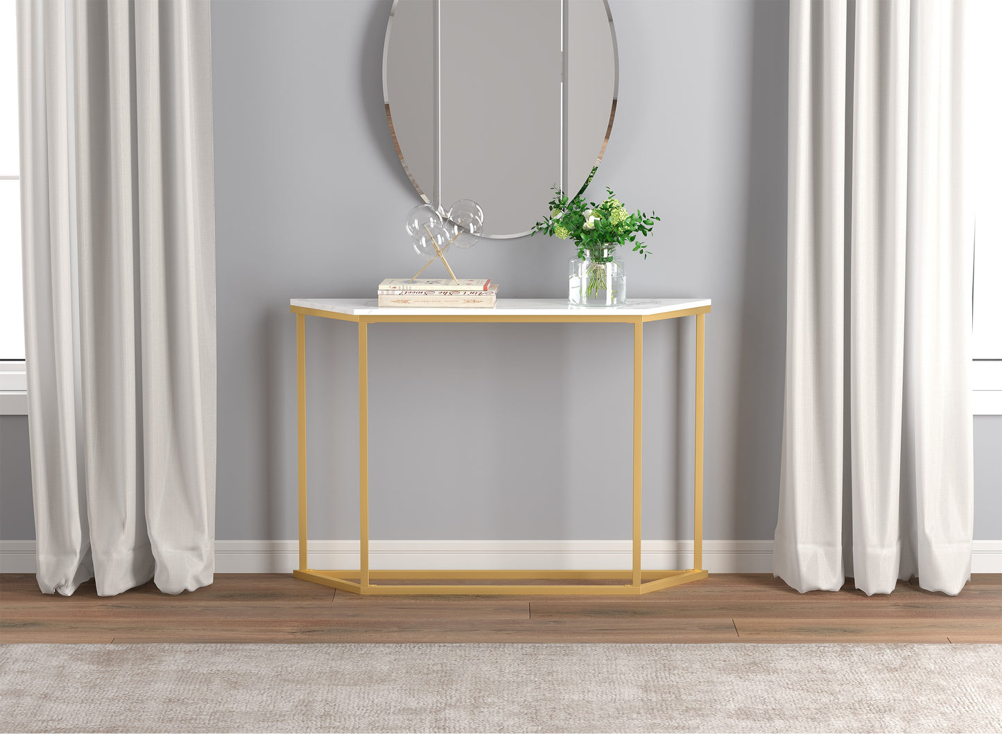 Safdie & Co. Console Table 44" Marble Gold Metal, Entryway or Sofa Table for Living Room