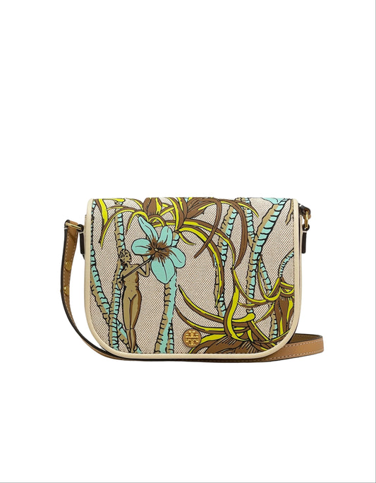 title:Tory Burch Cream Brown Climbing Palms Emerson Printed Canvas Crossbody;color:Cream Brown Climbing Palms