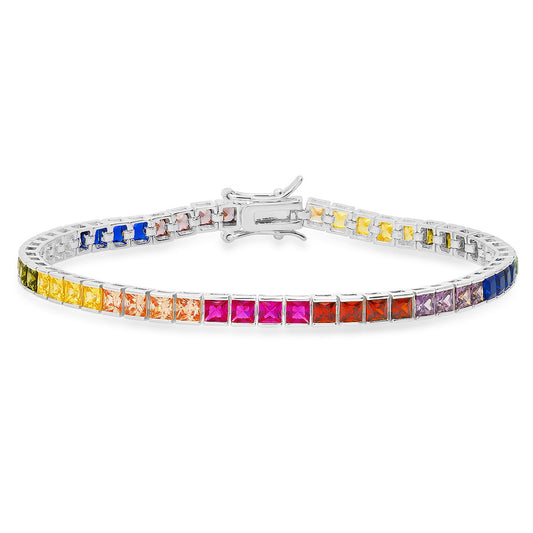 title:Sterling Silver 7.25" Multi-color Princess-cut CZ Tennis Bracelet;color:Silver