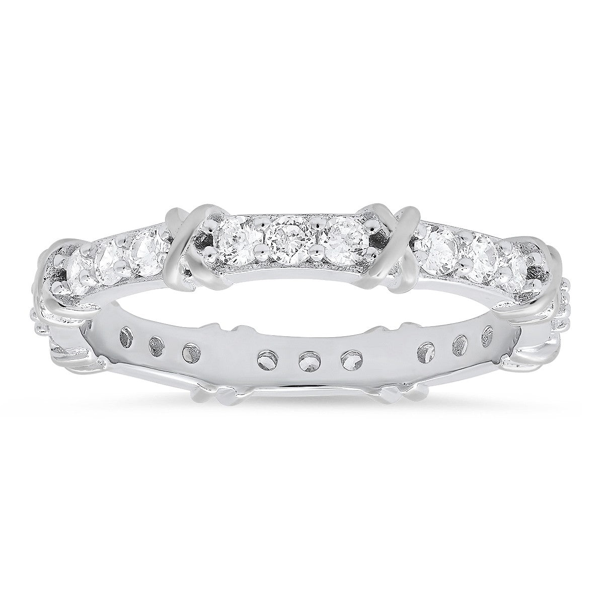 Sterling Silver Round-cut CZ "X" Stackable Eternity Band Ring - Ruumur