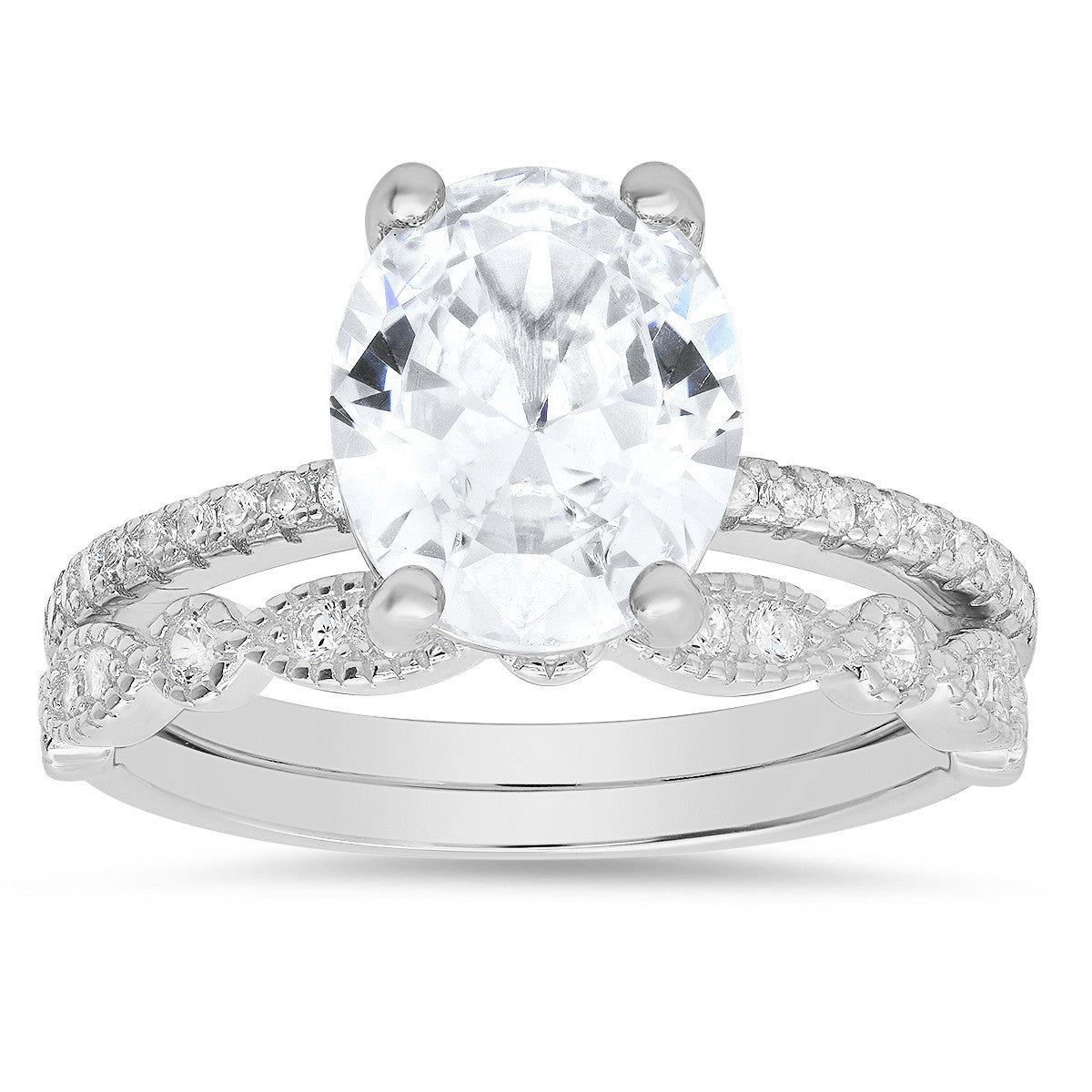 Sterling Silver Oval-cut CZ 2pc Stackable Ring Set - Ruumur