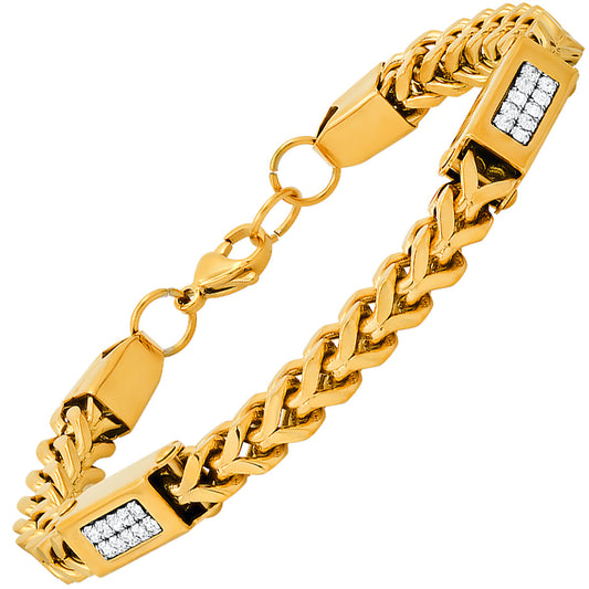 18K Gold Plated Franco Chain Bracelet with Simulated Diamonds