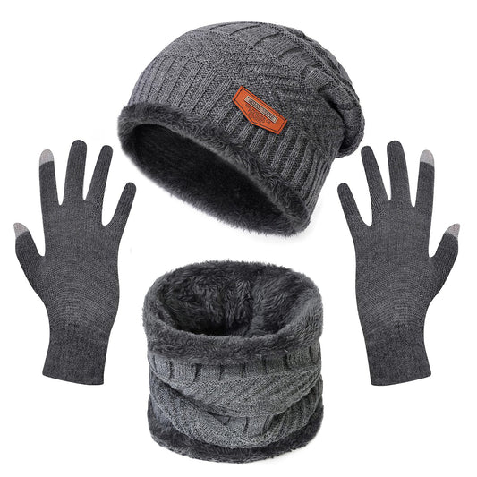 title:Winter Knitted Hat Scarf Gloves 3Pcs Winter Warm Beanie and Touch Screen Gloves Scarf Set Knit Beanie Skull Cap Neck Warmer Mittens for Men Women;color:Gray