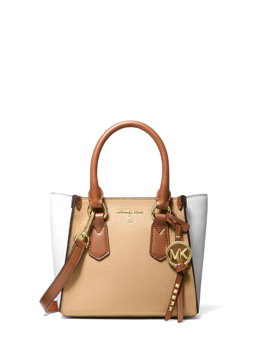 title:Michael Kors Women's Camel Combo Kris Small Color-Block Pebbled Leather Satchel;color:Camel Combo