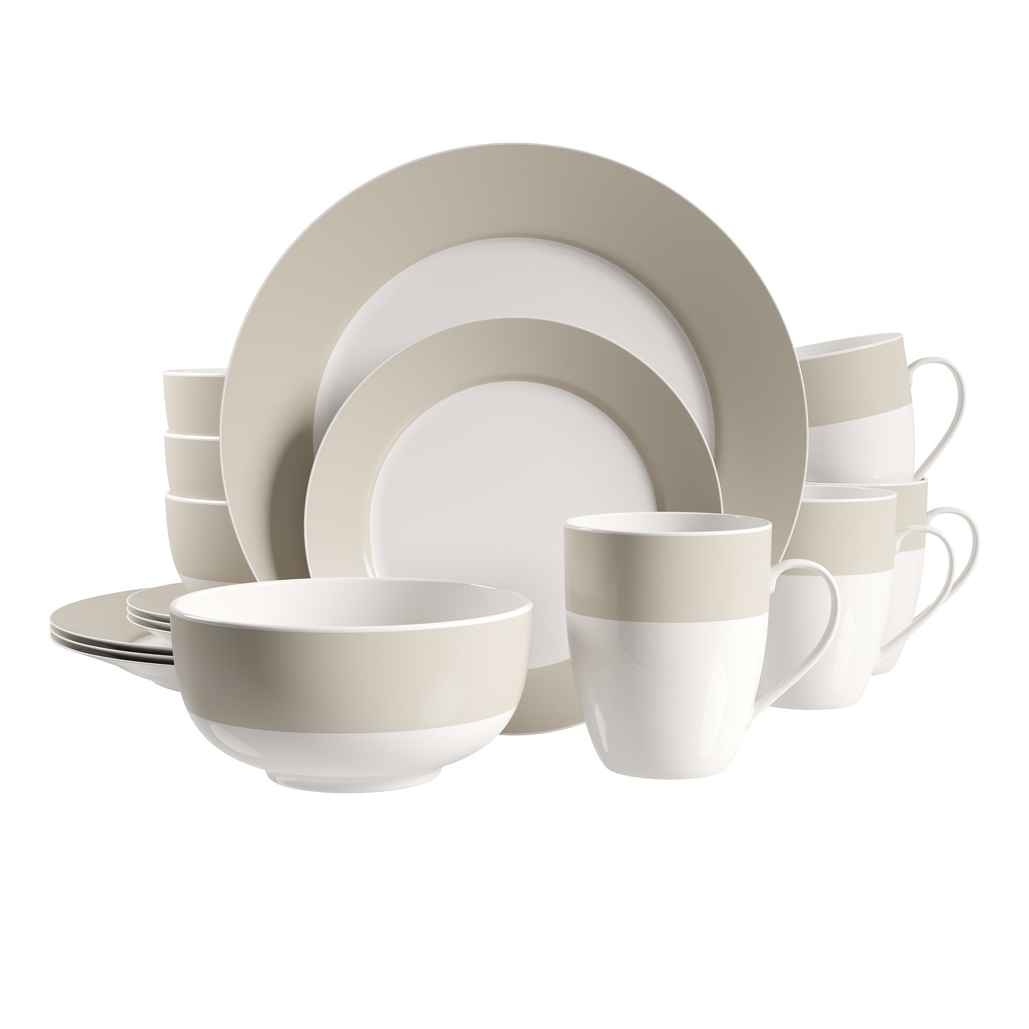 title:Safdie & Co. Dinnerset 16PC Round Rim Taupe Band;color:Taupe