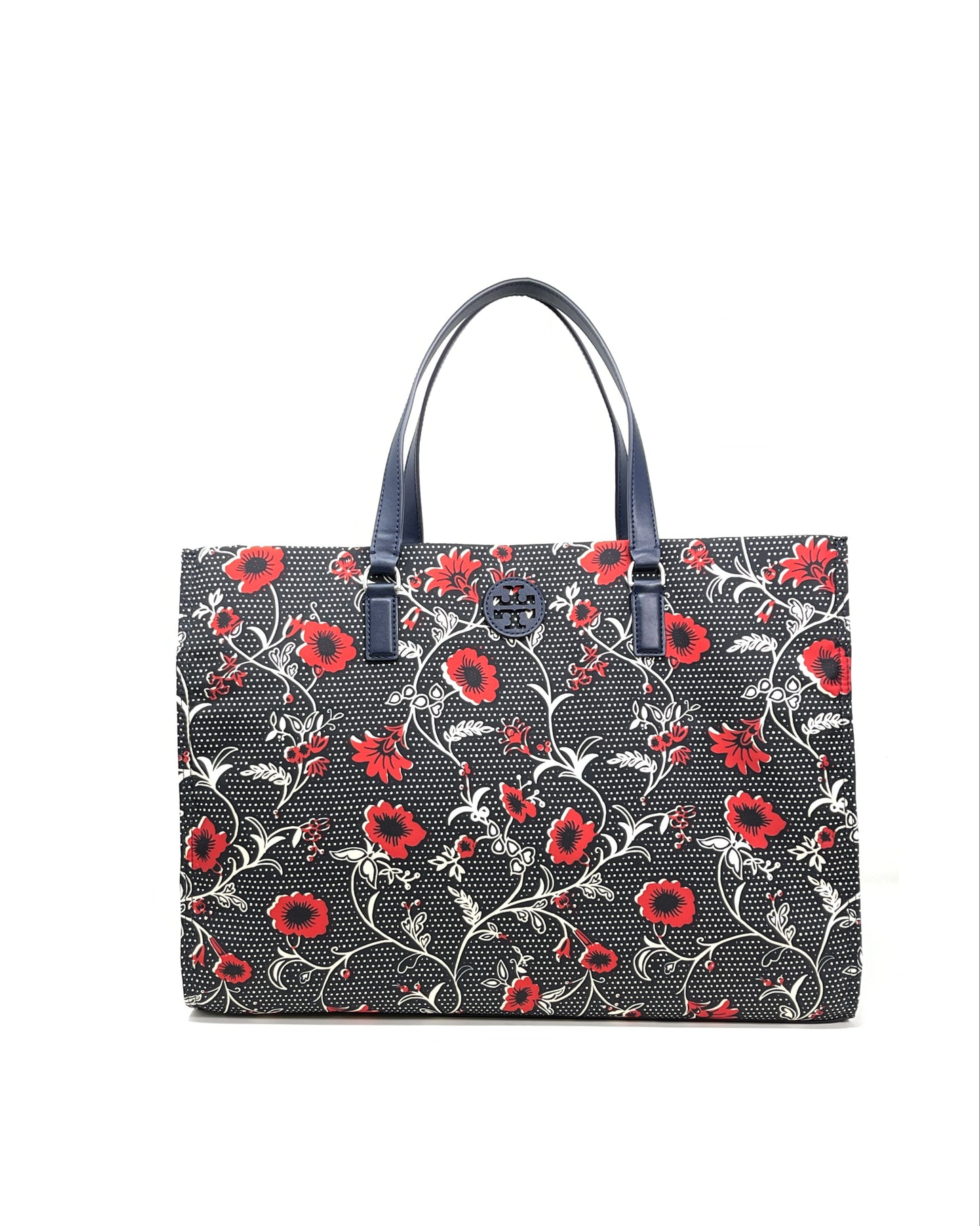 title:Tory Burch Navy / Red Nylon Printed Tote;color:Navy / Red