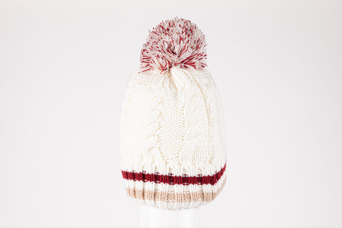 di firenze Cable Knit Hat With Pompom And Striped Border