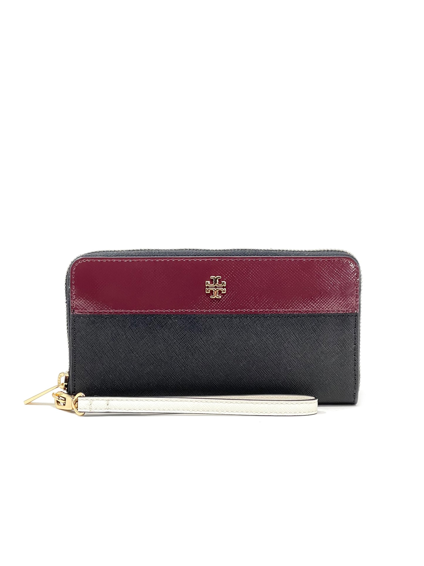 title:Tory Burch Black / Imperial Garnet / New Ivory Emerson Mixed-Materials Wristlet Zip Continental;color:Black / Imperial Garnet / New Ivory