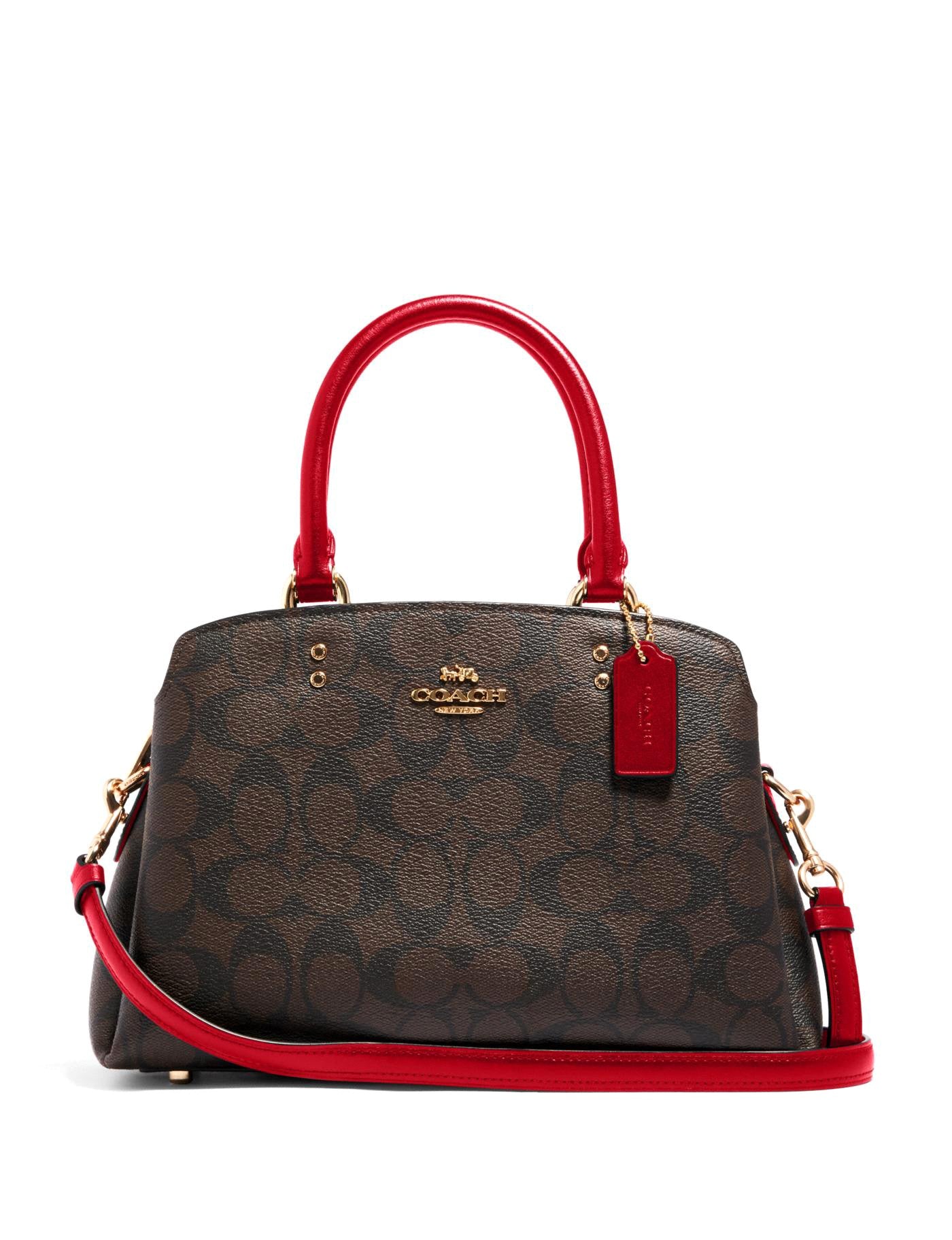 title:Coach Women's Brown & Red Mini Lillie Carryall In Signature Canvas;color:Brown / Red