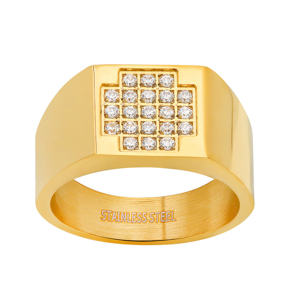 SteelTime Box Cross Iced Out Statement Ring