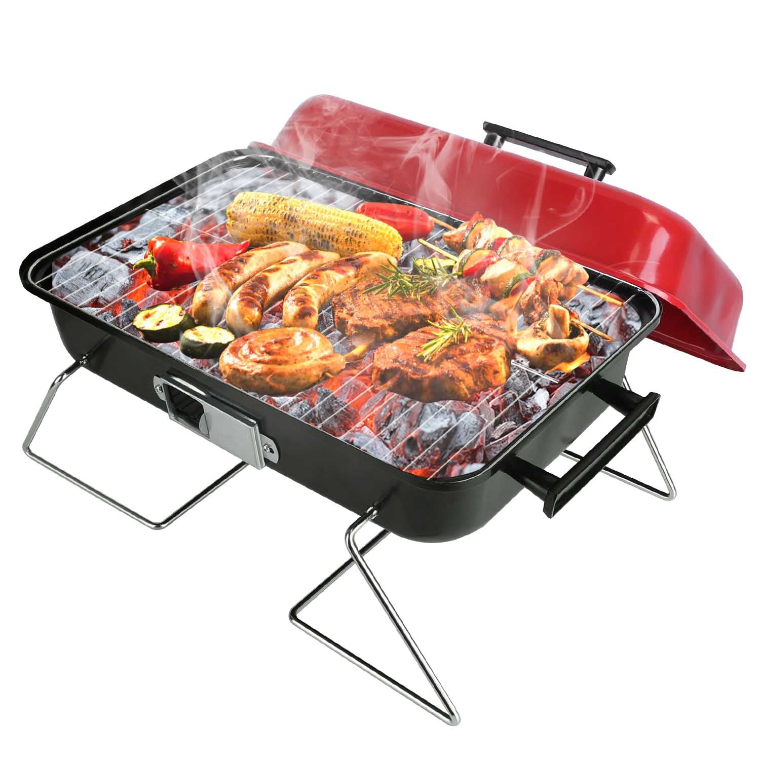 title:Portable Charcoal Grill Outdoor Tabletop Grill Small Barbecue Smoker Folding BBQ Grill with Lid for Backyard Camping Picnics Beach;color:Red