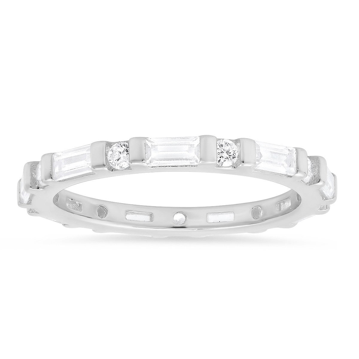 Sterling Silver Round & Baguette-cut CZ Stackable Eternity Band Ring - Ruumur