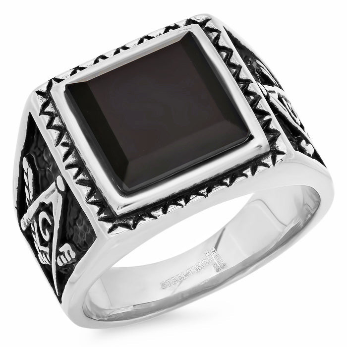 Free Mason Statement Ring with Simulated Black Diamond