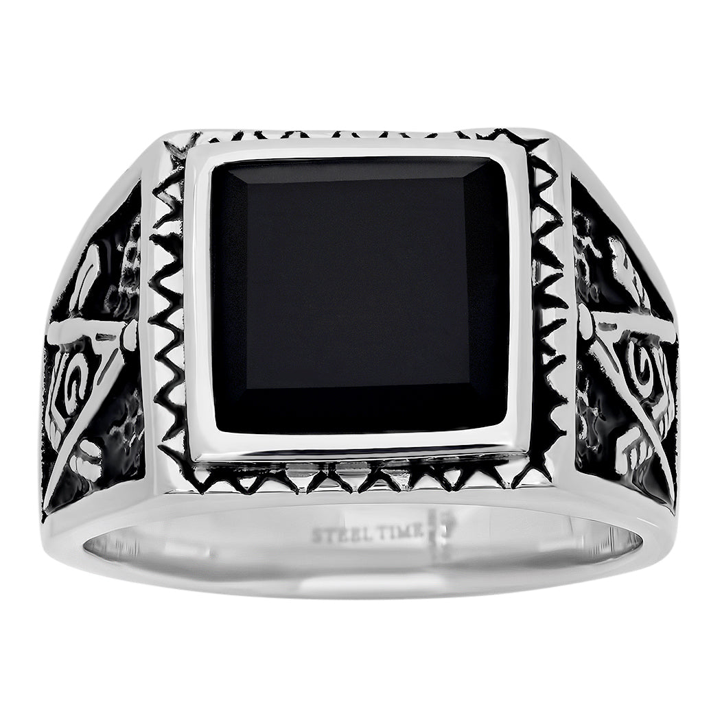 Free Mason Statement Ring with Simulated Black Diamond