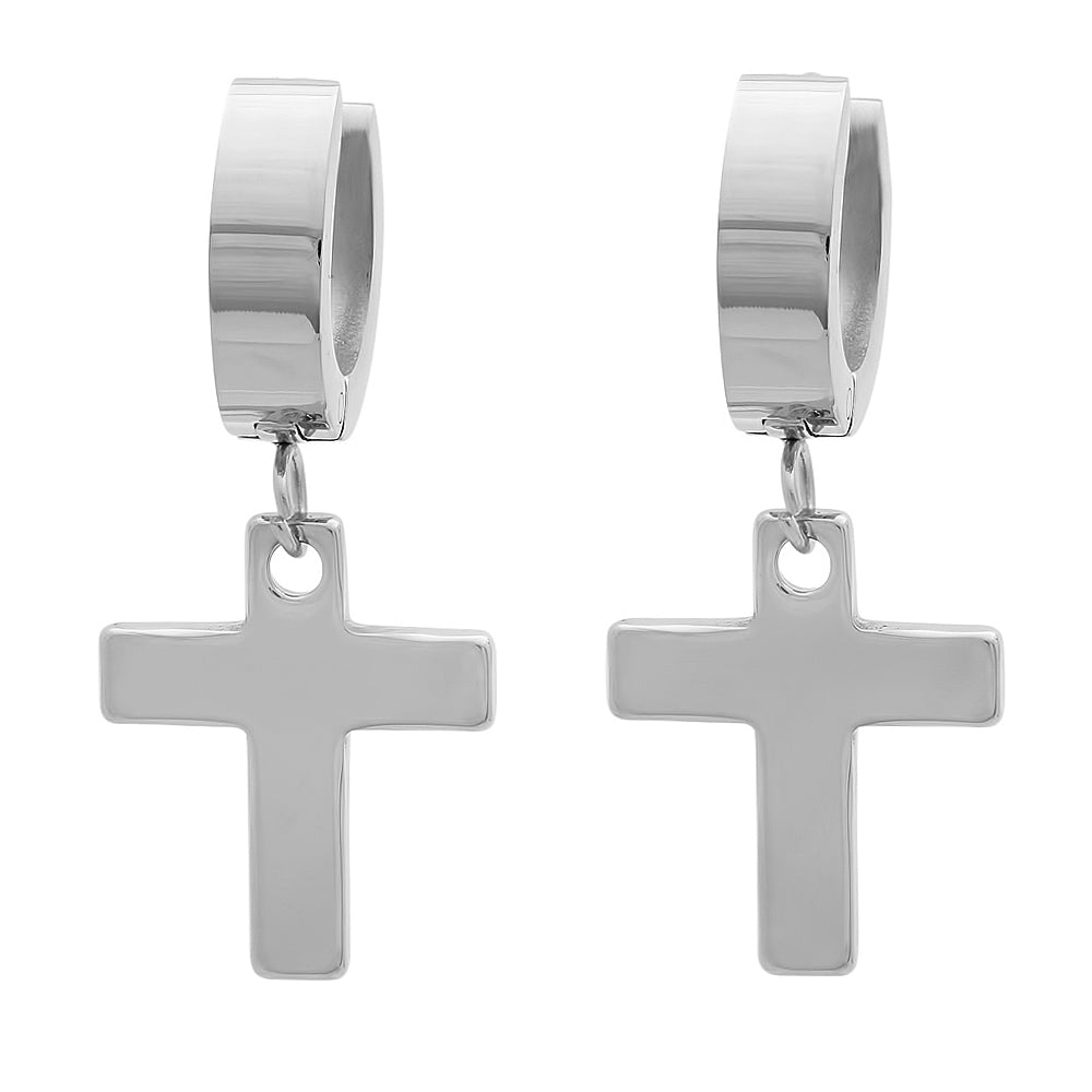 Cross Dangle + Huggie Stainless Steel Earrings