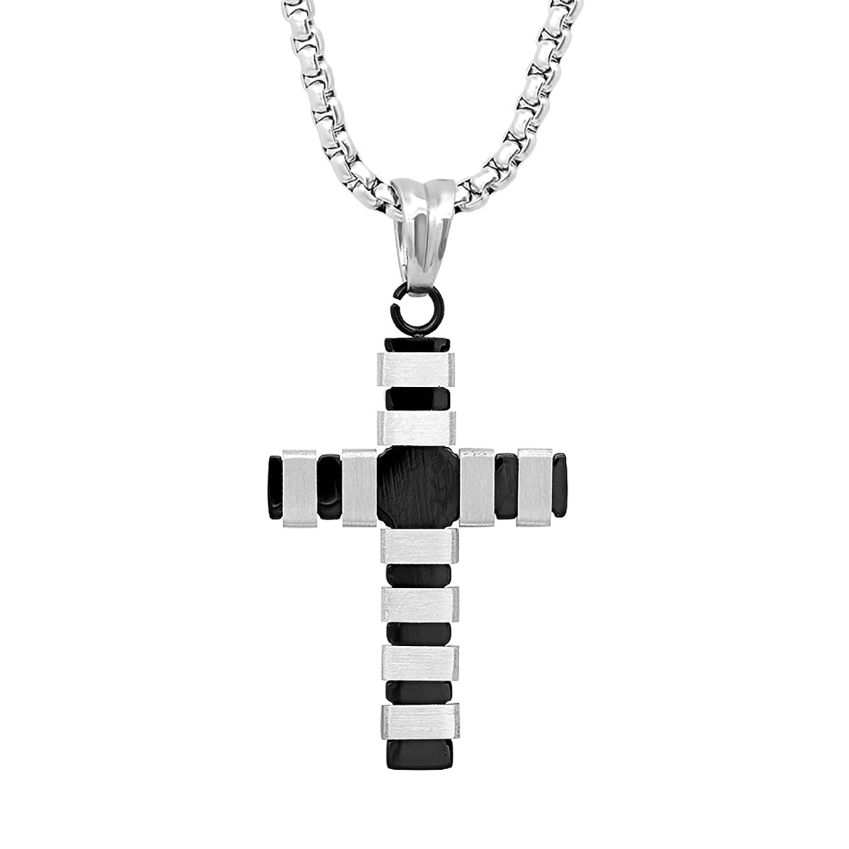 SteelTime Striped Cross Pendant Necklace