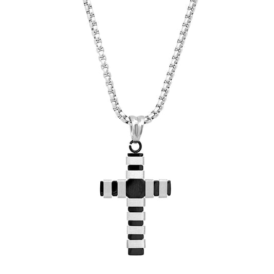 SteelTime Striped Cross Pendant Necklace