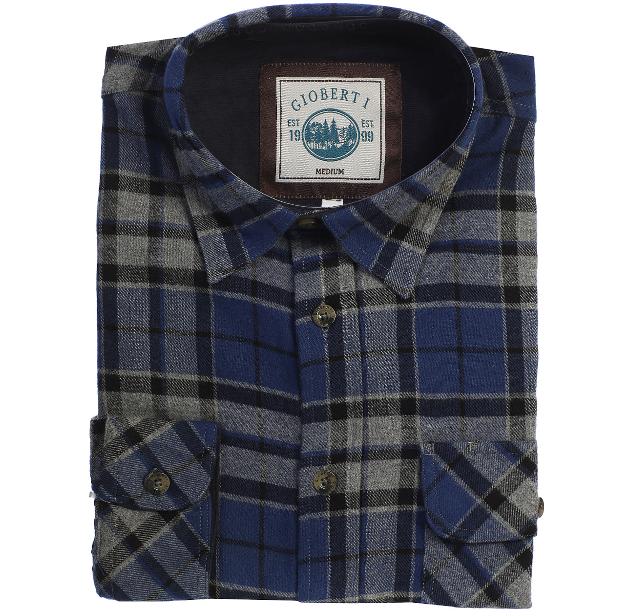 title:Gioberti Men's Gray / Royal Blue / Black 100% Cotton Brushed Flannel Plaid Checkered Shirt with Corduroy Contrast;color:Gray / Royal Blue / Black