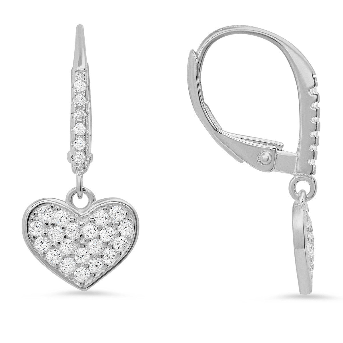 Sterling Silver Dangling Heart CZ Leverback Earrings - Ruumur