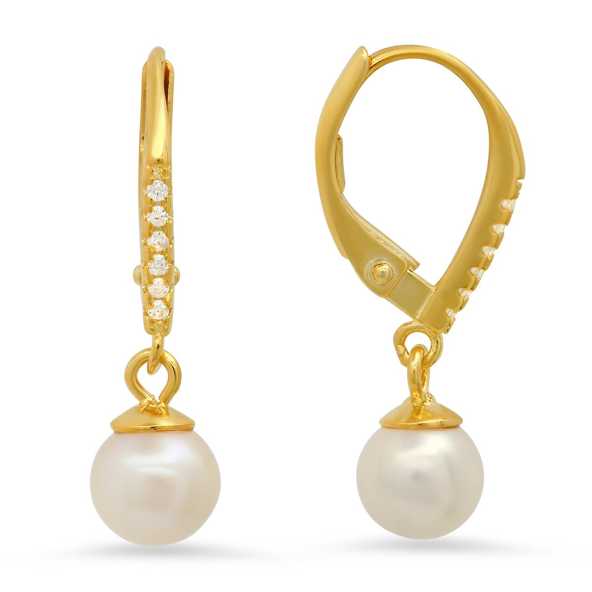 Sterling Silver Pearl & CZ Dangling Leverback Earrings - Ruumur