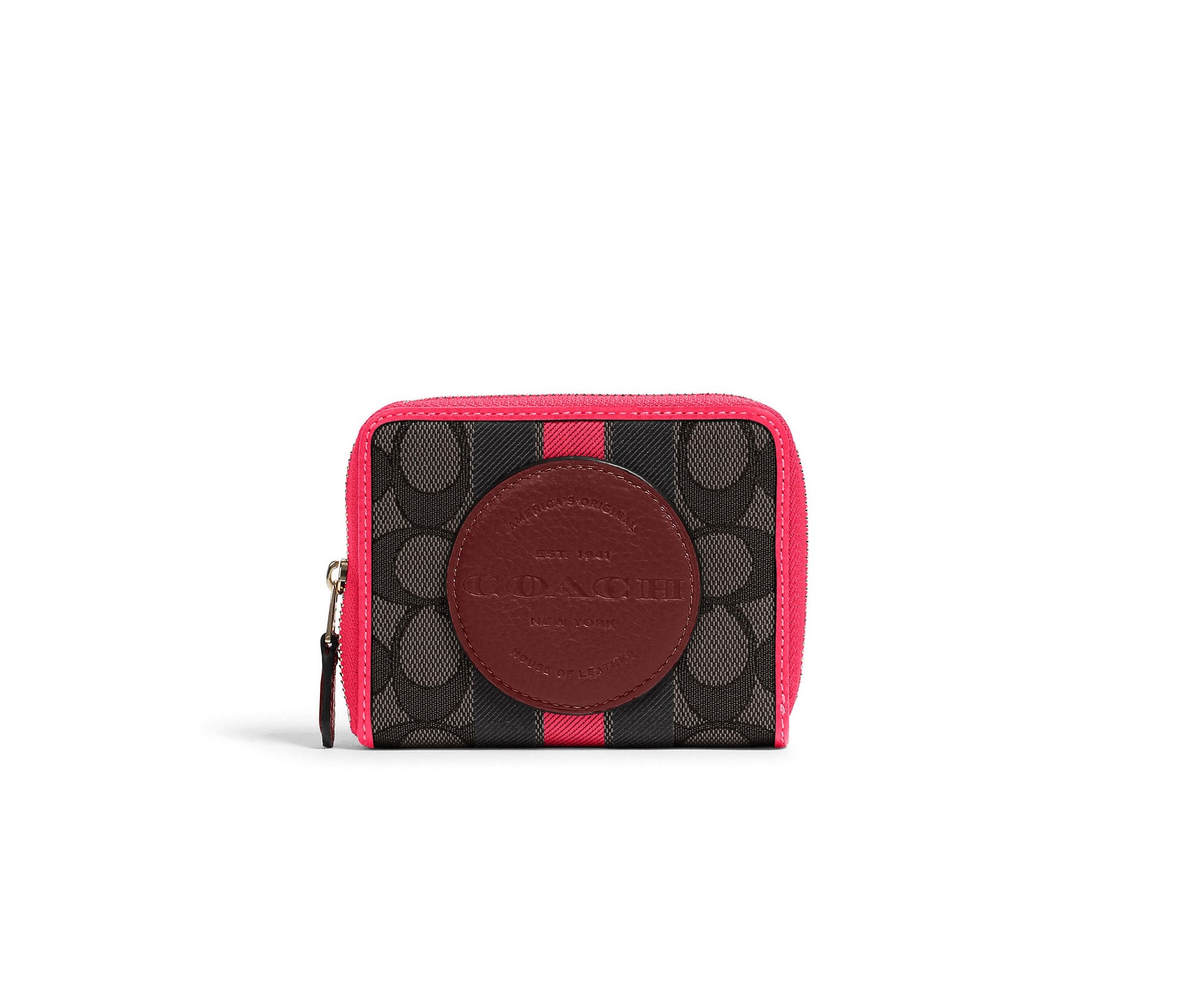 title:Coach Women's Black & Wine Multi Dempsey Small Zip Around Wallet In Signature Jacquard With Stripe And Coach Patch;color:Black / Wine Multi