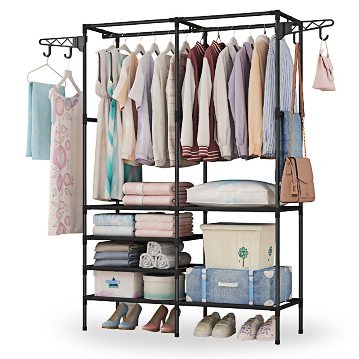 title:Metal Garment Rack Shoe Clothing Organizer Shelves Freestanding Multifunctional Clothes Wardrobe;color:Black