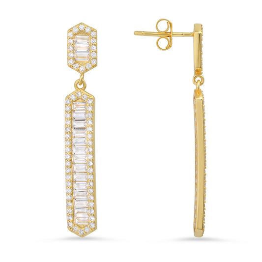 14k Yellow Gold Over Silver CZ Dangling Bar Stud Earrings - Ruumur