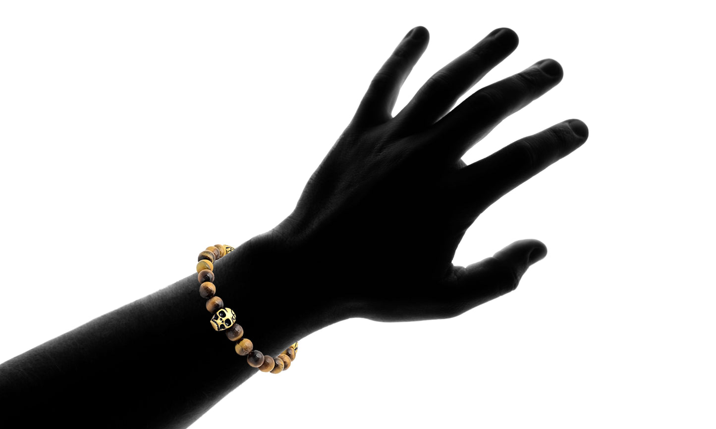 SteelTime Tiger Eye + Antiqued Skull Stretch Bracelet