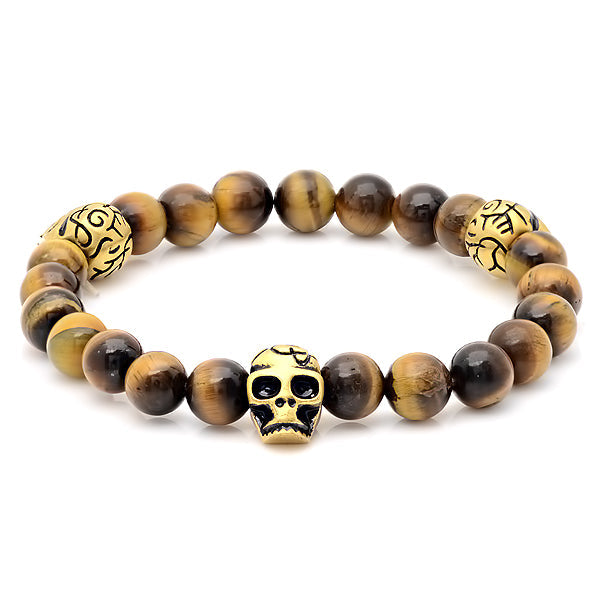 SteelTime Tiger Eye + Antiqued Skull Stretch Bracelet