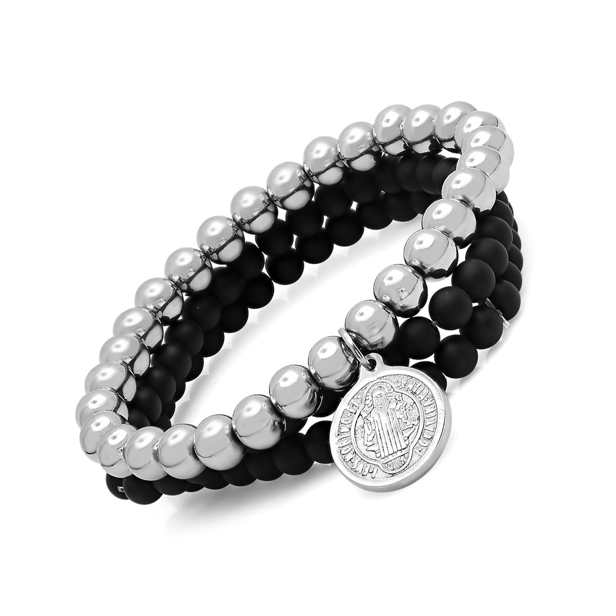 St Benedict Black Lava & Stainless Steel Beaded Bracelet Stack