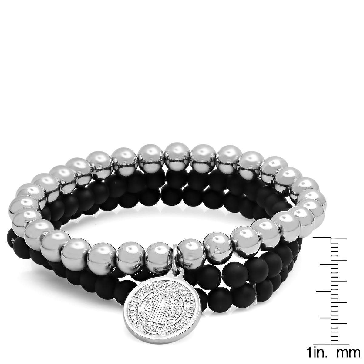 St Benedict Black Lava & Stainless Steel Beaded Bracelet Stack