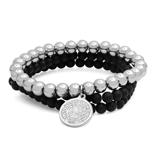 St Benedict Black Lava & Stainless Steel Beaded Bracelet Stack