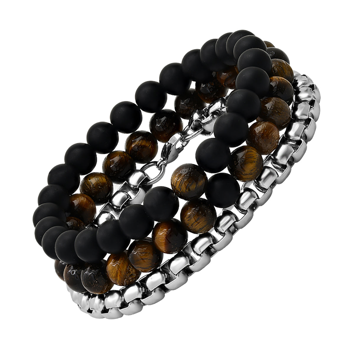 Tiger Eye Black Lava & Stainless Steel Box Chain Bracelet Stack