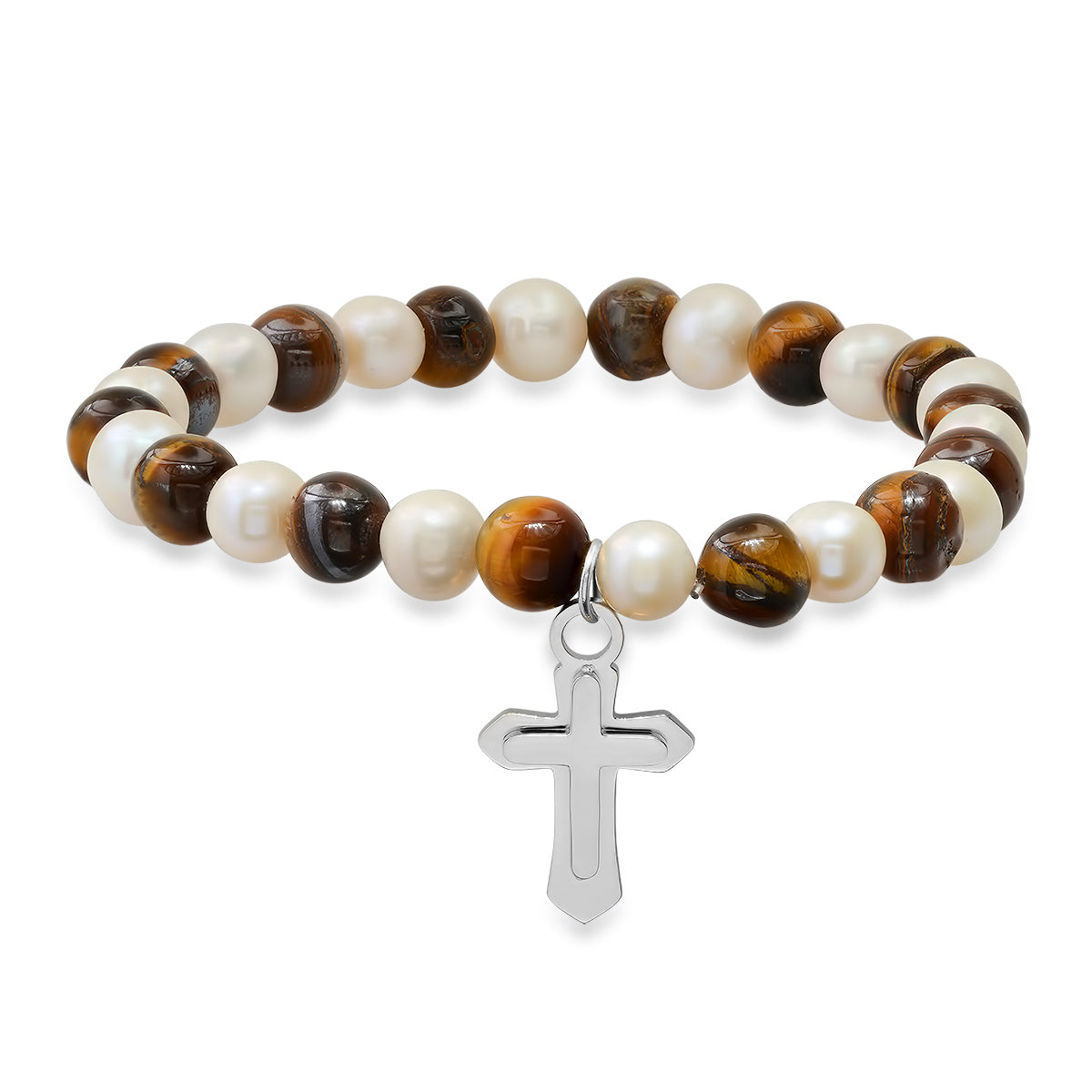 Tiger Eye + Pearl Stretch Bracelet w/ Gold Cross