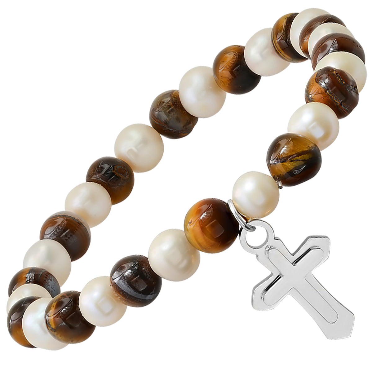 Tiger Eye + Pearl Stretch Bracelet w/ Gold Cross