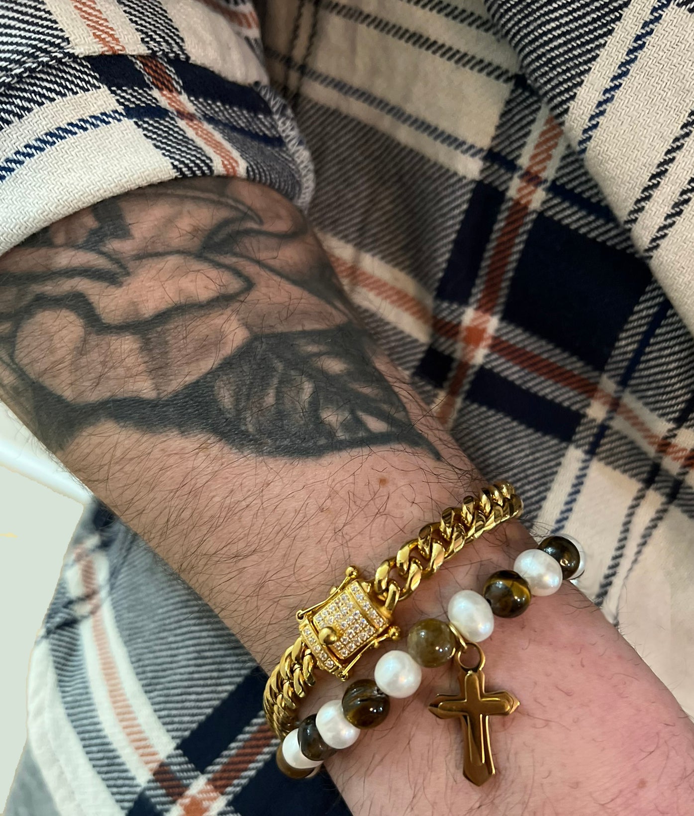 Tiger Eye + Pearl Stretch Bracelet w/ Gold Cross