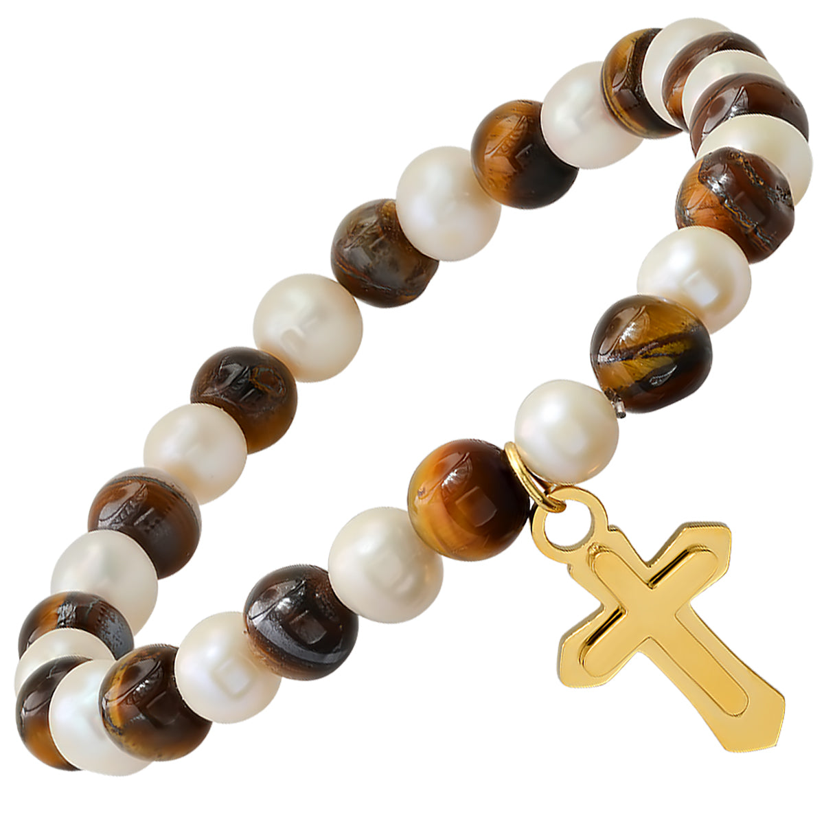 Tiger Eye + Pearl Stretch Bracelet w/ Gold Cross