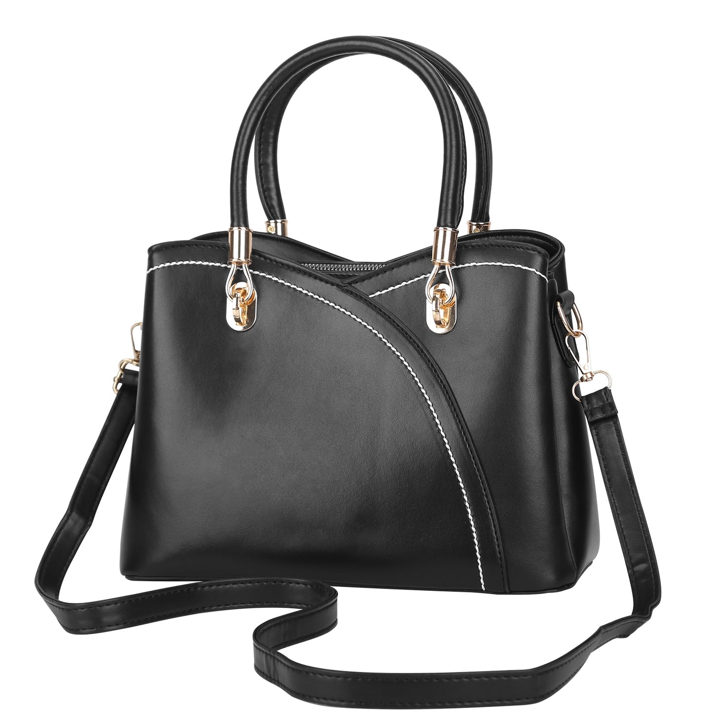 title:Women Handbags Chic Tote Bags for Ladies Medium-sized Leather Satchel Crossbody Bag with Stylish Stitching Detachable Strap;color:Black