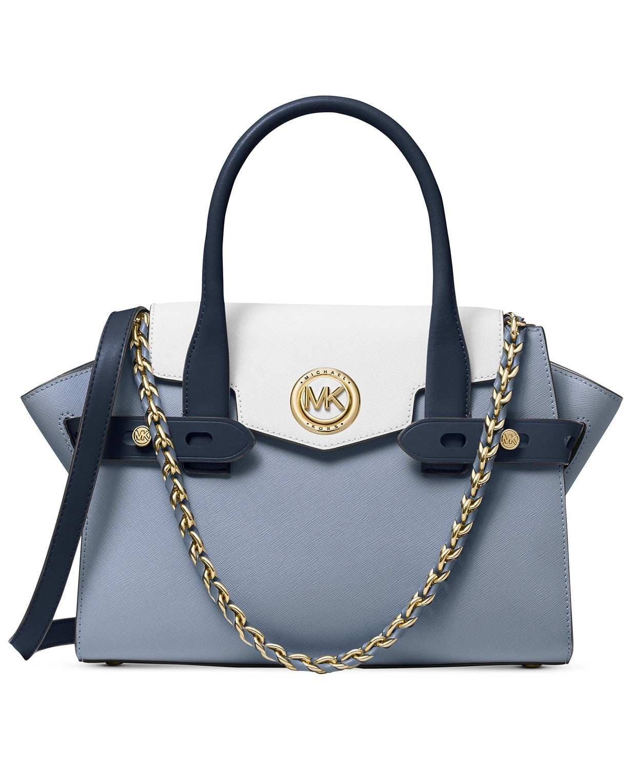 title:Michael Kors Women's Navy & White & Pale Blue Carmen Flap Belted Satchel;color:Navy / White / Pale Blue