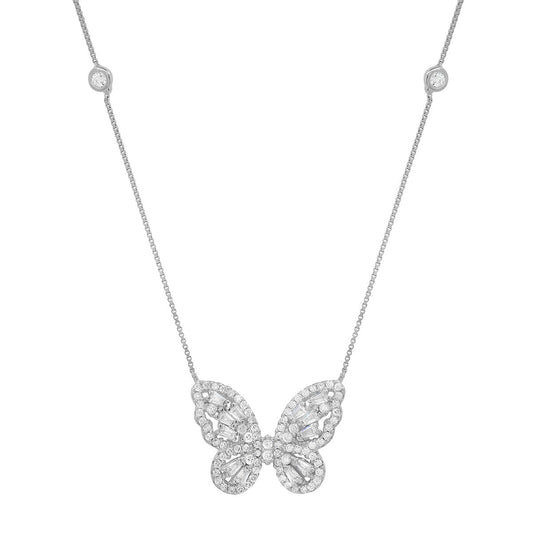 Sterling Silver Baguette Butterfly Station Necklace - Ruumur