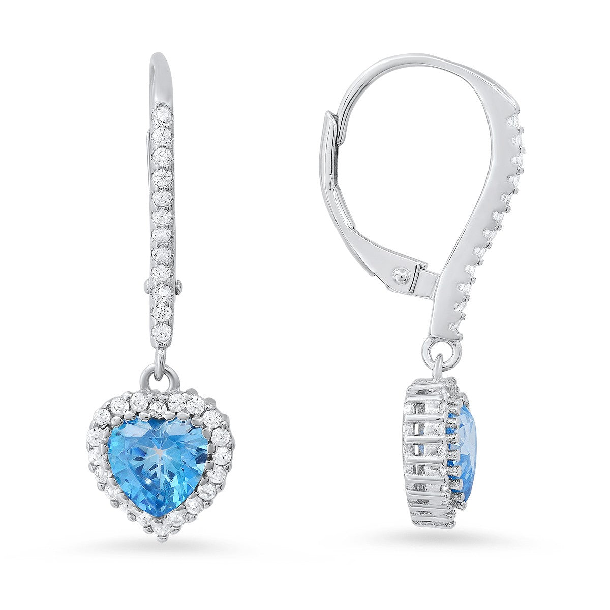 Sterling Silver Heart-cut Birthstone CZ Halo Leverback Earrings - Ruumur