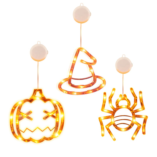 title:3 Pack Halloween Window Light Spider Witch Hat Pumpkin with Orange Light Hanging Halloween Decoration Light with Suction Cup Hanging Holes;color:not applicable