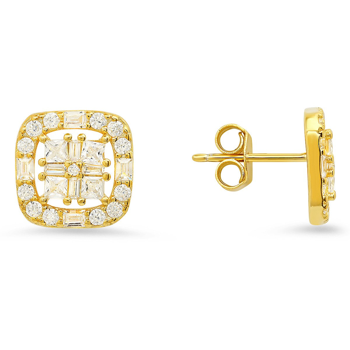 title:Sterling Silver Princess/Baguette CZ Halo Stud Earrings;color:Gold