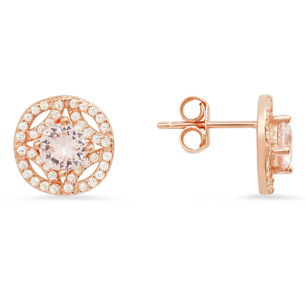 title:14k Rose Gold Over Silver Vintage Halo Morganite CZ Stud Earrings;color:not applicable