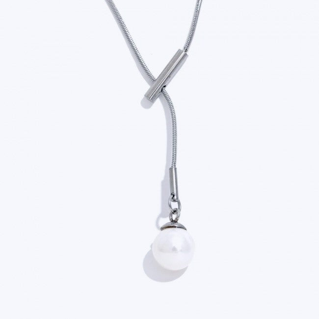 title:Snake Chain Lariat Necklace with Adjustable Pearl Drop;color:Silver