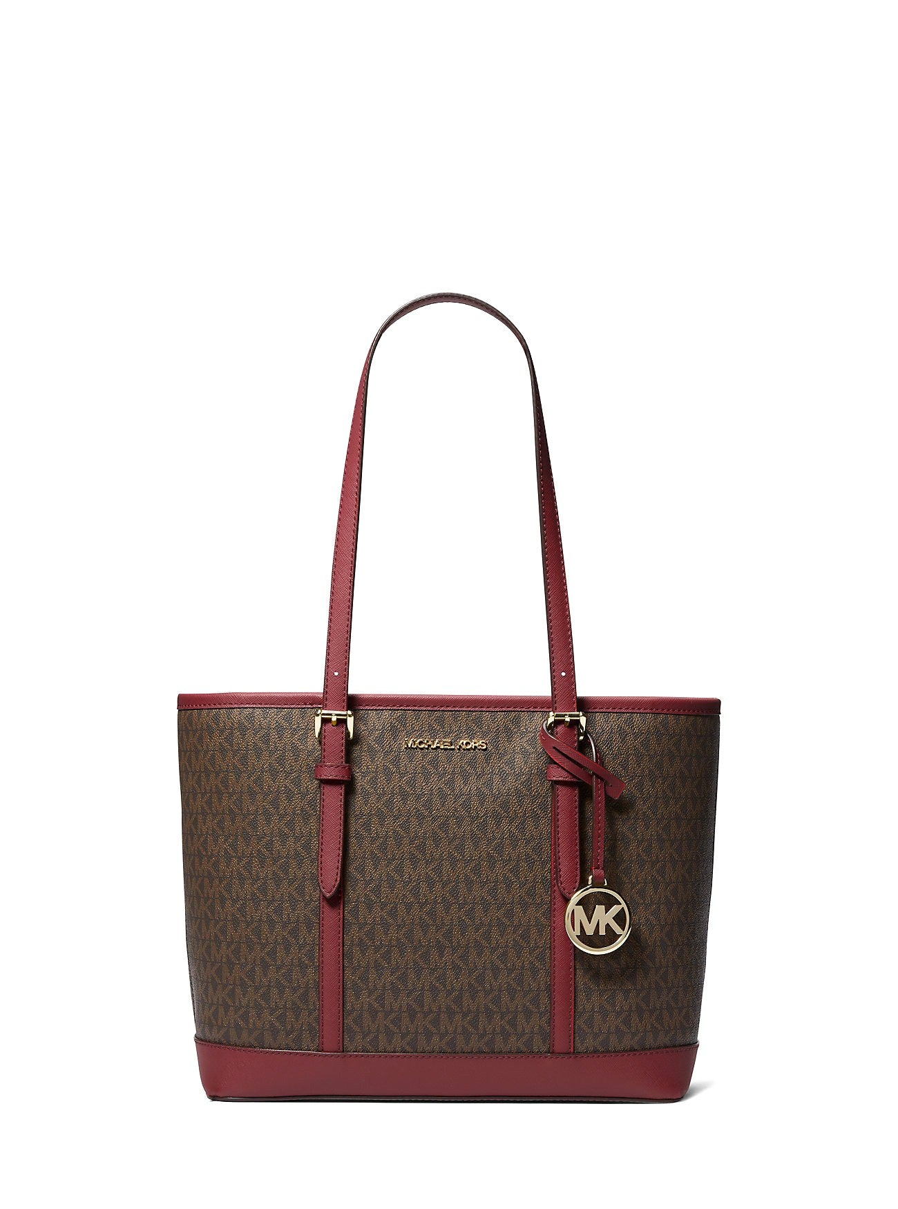 title:Michael Kors Jet Set Travel Small Logo Top-Zip Tote Bag;color:Dark Cherry