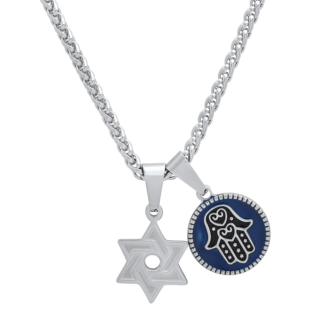 SteelTime Star of David + Hamsa Double Pendant Necklace