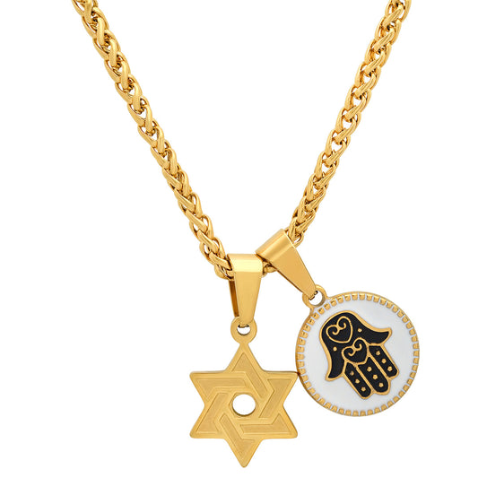 SteelTime Star of David + Hamsa Double Pendant Necklace