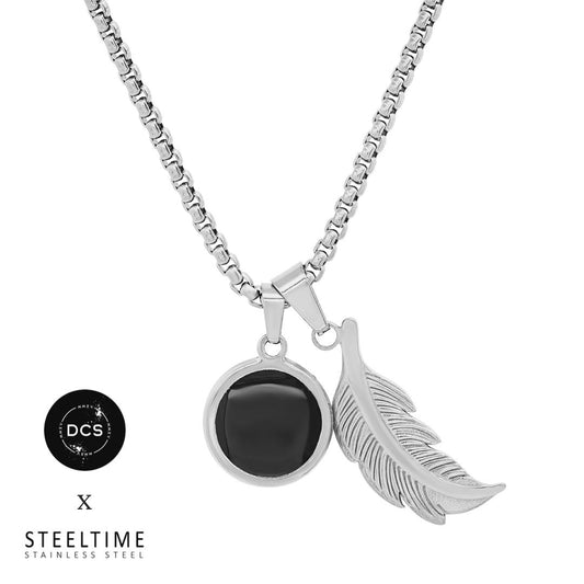 DCS x SteeltimeNYC Feather + Round Simulated Onyx Double Pendant Necklace