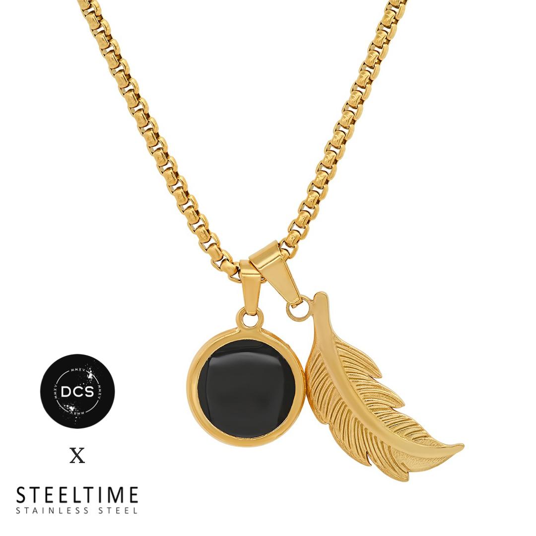 DCS x SteeltimeNYC Feather + Round Simulated Onyx Double Pendant Necklace